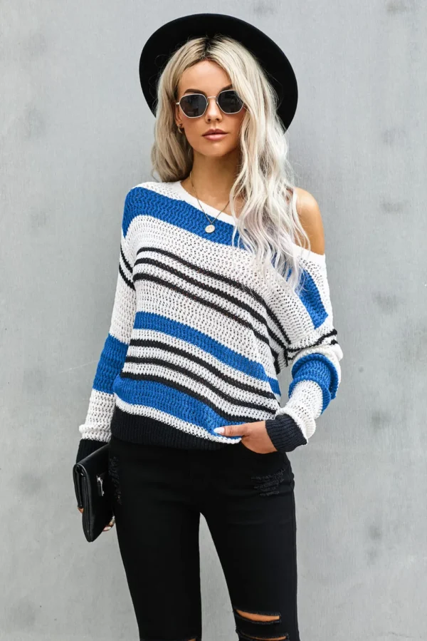 Women in off the shoulder striped sweater
